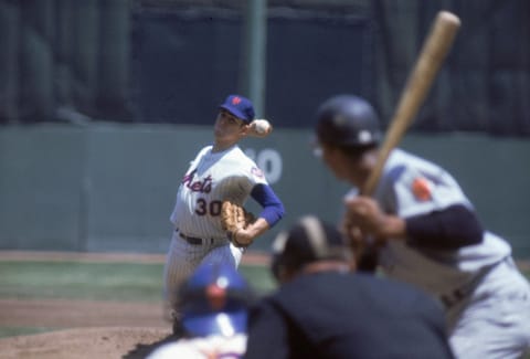 FLUSHING, NY – MAY 19: Nolan Ryan #30 of the New York Mets pitches to the Atlanta Braves at Shea Stadium during a May 19,1968 game in Flushing, New York. (Photo by Herb Scharfman/Sports Imagery/Getty Images)