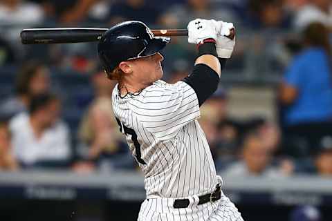 NEW YORK, NY – JULY 28: Clint Frazier #77 of the New York Yankees connects on a 3-run home run in the fifth inning against the Tampa Bay Rays at Yankee Stadium on July 28, 2017 in the Bronx borough of New York City. (Photo by Mike Stobe/Getty Images)