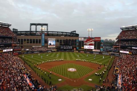 NEW YORK – SEPTEMBER 28: The Mets take part in a post game ceremony after the last regular season baseball game ever played in Shea Stadium against the Florida Marlins on September 28, 2008 in the Flushing neighborhood of the Queens borough of New York City. The Mets plan to start next season at their new stadium Citi Field after playing in Shea for over 44 years. (Photo by Nick Laham/Getty Images)