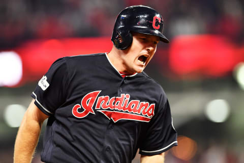 CLEVELAND, OH – OCTOBER 06: Jay Bruce #32 of the Cleveland Indians runs the bases after hitting a solo home run in the eighth inning against the New York Yankees during game two of the American League Division Series at Progressive Field on October 6, 2017 in Cleveland, Ohio. (Photo by Jason Miller/Getty Images)