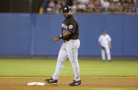 BRONX, NY – JUNE 30: First baseman Mo Vaughn #42 of the New York Mets stands on second base during the MLB game against the New York Yankees on June 30, 2002 at Yankee Stadium in the Bronx, New York. The Yankees won 8-0. (Photo by Ezra Shaw/Getty Images)