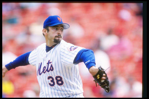 Pitcher Dave Mlicki of the New York Mets throws a pitch during a game against the San Diego Padres at Shea Stadium in Flushing, New York. The Mets won the game 7-3.