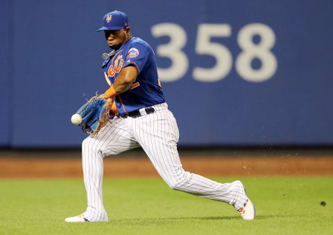 NEW YORK, NY – AUGUST 19: Yoenis Cespedes #52 of the New York Mets chases down a hit by Marcell Ozuna of the Miami Marlins in the sixth inning on August 19, 2017 at Citi Field in the Flushing neighborhood of the Queens borough of New York City. (Photo by Elsa/Getty Images)