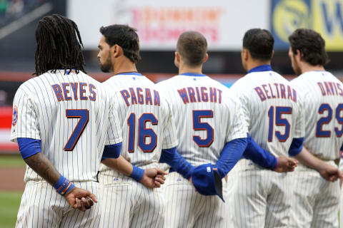 NEW YORK, NY – APRIL 08: (L-R) Jose Reyes #7, Angel Pagan #16, David Wright #5, Carlos Beltran #15 and Ike Davis #29 of the New York Mets line up during pregame festivities against the Washington Nationals during the Mets’ Home Opener at Citi Field on April 8, 2011 in the Flushing neighborhood of Queens in New York City. (Photo by Al Bello/Getty Images)