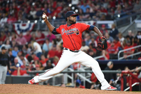 ATLANTA, GEORGIA – APRIL 05: Arodys Vizcaino #38 of the Atlanta Braves pitches during the game against the Miami Marlins at SunTrust Park on April 05, 2019 in Atlanta, Georgia. (Photo by Logan Riely/Getty Images)