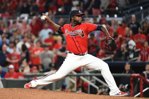 ATLANTA, GEORGIA – APRIL 05: Arodys Vizcaino #38 of the Atlanta Braves pitches against the Miami Marlins at SunTrust Park on April 05, 2019 in Atlanta, Georgia. (Photo by Logan Riely/Getty Images)