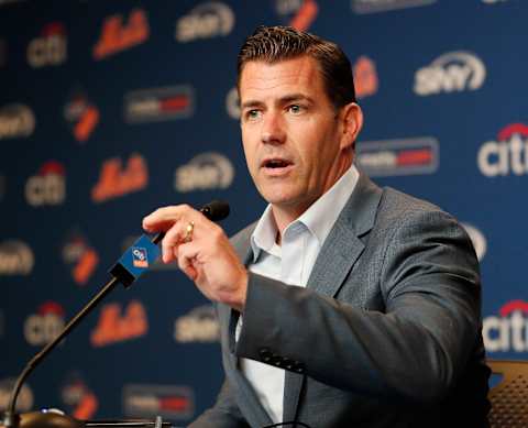 NEW YORK, NY – MAY 20: Brodie Van Wagenen, General Manager of the New York Mets, talks to the media during his press conference showing support for manager Mickey Callaway this afternoon before an MLB baseball game against the Washington Nationals on May 20, 2019 at Citi Field in the Queens borough of New York City. Mets won 5-3. (Photo by Paul Bereswill/Getty Images)