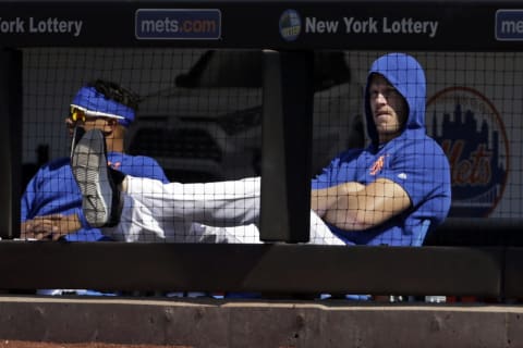 NEW YORK, NY – AUGUST 25: Noah Syndergaard #34 of the New York Mets of the New York Mets looks on during the seventh inning against the Atlanta Braves at Citi Field on August 25, 2019 in the Flushing neighborhood of the Queens borough of New York City. Teams are wearing special color-schemed uniforms with players choosing nicknames to display for Players’ Weekend. The Braves won 2-1. (Photo by Adam Hunger/Getty Images)