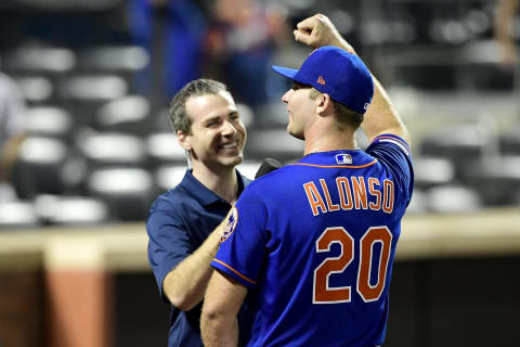 NEW YORK, NEW YORK – AUGUST 05: Pete Alonso #20 of the New York Mets reacts after his teams 5-4 win over the Miami Marlins at Citi Field on August 05, 2019 in New York City. (Photo by Steven Ryan/Getty Images)