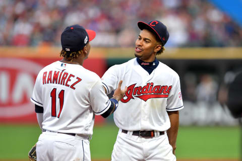 CLEVELAND, OHIO – JULY 30: Jose Ramirez #11 of the Cleveland Indians and Francisco Lindor #12 walk off the field after the end of the top of the fifth inning against the Houston Astros at Progressive Field on July 30, 2019, in Cleveland, Ohio. (Photo by Jason Miller/Getty Images)