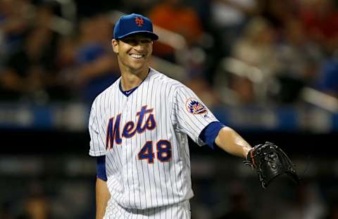 NEW YORK, NEW YORK – SEPTEMBER 09: Jacob deGrom #48 of the New York Mets smiles as he walks to the dugout after the final out of the seventh inning against the Arizona Diamondbacks at Citi Field on September 09, 2019 in New York City. (Photo by Jim McIsaac/Getty Images)