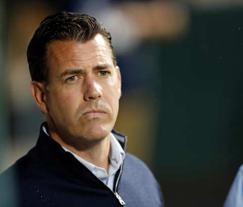 NEW YORK, NY – SEPTEMBER 6: New York Mets Brodie Van Wagenen general manager speaks to Mickey Callaway in the dugout before an MLB baseball game against the Philadelphia Phillies on September 6, 2019 at Citi Field in the Queens borough of New York City. Mets won 5-4. (Photo by Paul Bereswill/Getty Images)