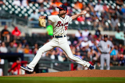 ATLANTA, GA – SEPTEMBER 22: Jerry Blevins #50 of the Atlanta Braves pitches during a game against the San Francisco Giants at SunTrust Park on September 22, 2019 in Atlanta, Georgia. (Photo by Carmen Mandato/Getty Images)