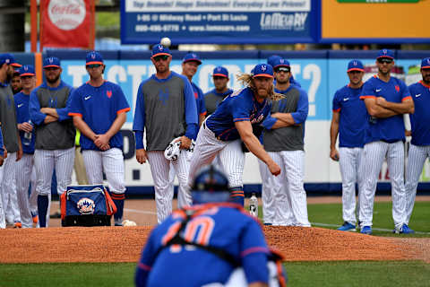 PORT ST. LUCIE, FLORIDA – MARCH 03: Noah Syndergaard #34 of the New York Mets delivers a pitch in warm ups before the spring training game against the Miami Marlins at Clover Park on March 03, 2020 in Port St. Lucie, Florida. (Photo by Mark Brown/Getty Images)