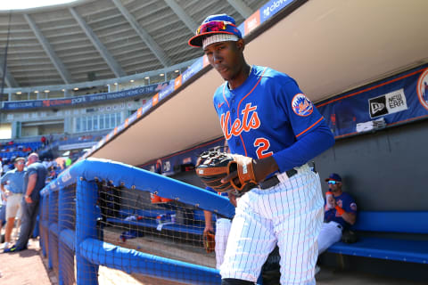 PORT ST. LUCIE, FL – MARCH 11: Ronny Mauricio #2 of the New York Mets in the dugout before a spring training baseball game against the St. Louis Cardinals at Clover Park at on March 11, 2020 in Port St. Lucie, Florida. (Photo by Rich Schultz/Getty Images)