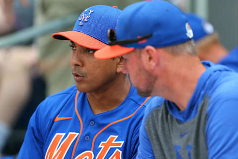 PORT ST. LUCIE, FL – MARCH 08: Manager Luis Rojas #19 of the New York Mets talks with pitching coach Jeremy Hefner #53 during a spring training baseball game against the Houston Astros at Clover Park on March 8, 2020 in Port St. Lucie, Florida. The Mets defeated the Astros 3-1. (Photo by Rich Schultz/Getty Images)