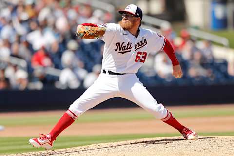 WEST PALM BEACH, FLORIDA – MARCH 12: Sean Doolittle #63 of the Washington Nationals delivers a pitch against the New York Yankees during a Grapefruit League spring training game at FITTEAM Ballpark of The Palm Beaches on March 12, 2020 in West Palm Beach, Florida. (Photo by Michael Reaves/Getty Images)