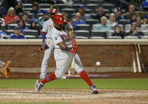 NEW YORK, NEW YORK – SEPTEMBER 06: (NEW YORK DAILIES OUT) Maikel Franco #7 of the Philadelphia Phillies in action against the New York Mets at Citi Field on September 06, 2019 in New York City. The Mets defeated the Phillies 5-4. (Photo by Jim McIsaac/Getty Images)