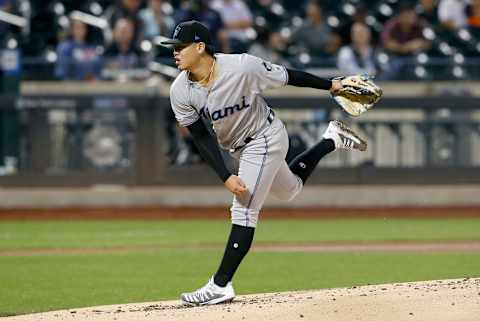 NEW YORK, NEW YORK – SEPTEMBER 26: (NEW YORK DAILIES OUT) Jordan Yamamoto #50 of the Miami Marlins in action against the New York Mets at Citi Field on September 26, 2019 in New York City. The Marlins defeated the Mets 4-2. (Photo by Jim McIsaac/Getty Images)