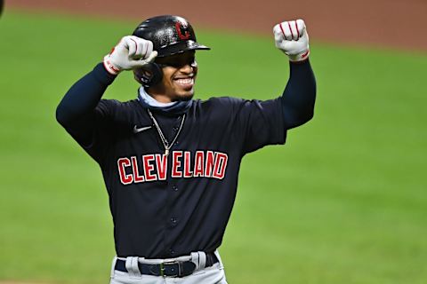 CINCINNATI, OH – AUGUST 3: Francisco Lindor #12 of the Cleveland Indians celebrates his first inning home run against the Cincinnati Reds at Great American Ball Park on August 3, 2020 in Cincinnati, Ohio. (Photo by Jamie Sabau/Getty Images)