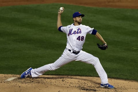 NEW YORK, NY – AUGUST 26: Jacob deGrom #48 of the New York Mets pitches during the second inning against the Miami Marlins at Citi Field on August 26, 2020 in the Flushing neighborhood of the Queens borough of New York City. (Photo by Adam Hunger/Getty Images)