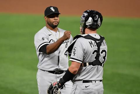 MINNEAPOLIS, MINNESOTA – AUGUST 31: Alex Colome #48 and James McCann #33 of the Chicago White Sox celebrate defeating the Minnesota Twins in the game at Target Field on August 31, 2020 in Minneapolis, Minnesota. The White Sox defeated the Twins 8-5. (Photo by Hannah Foslien/Getty Images)