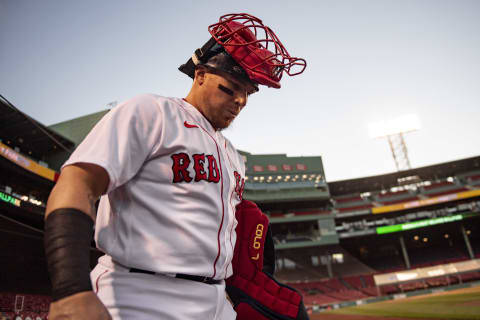 BOSTON, MA – SEPTEMBER 1: Christian Vazquez #7 of the Boston Red Sox walks out of the dugout before a game against the Atlanta Braves on September 1, 2020 at Fenway Park in Boston, Massachusetts. (Photo by Billie Weiss/Boston Red Sox/Getty Images)