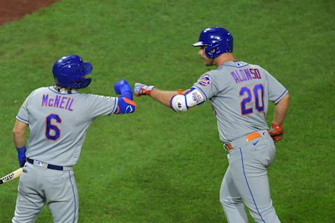 PHILADELPHIA, PA – SEPTEMBER 17: Pete Alonso #20 of the New York Mets is congratulated by teammate Jeff McNeil #6 after a home run in the sixth inning against the Philadelphia Phillies at Citizens Bank Park on September 17, 2020 in Philadelphia, Pennsylvania. (Photo by Drew Hallowell/Getty Images)