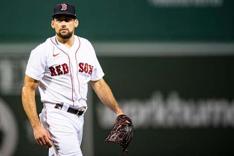 BOSTON, MA – SEPTEMBER 23: Nathan Eovaldi #17 of the Boston Red Sox reacts during the first inning of a game against the Baltimore Orioles on September 23, 2020 at Fenway Park in Boston, Massachusetts. The 2020 season had been postponed since March due to the COVID-19 pandemic. (Photo by Billie Weiss/Boston Red Sox/Getty Images)