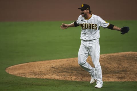 SAN DIEGO, CA – OCTOBER 02: Trevor Rosenthal #47 of the San Diego Padres celebrates after defeating the St Louis Cardinals during Game Three of the National League Wildcard series at PETCO Park on October 2, 2020 in San Diego, California. (Photo by Matt Thomas/San Diego Padres/Getty Images)