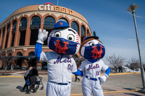 NEW YORK, NEW YORK – FEBRUARY 10: Mr and Mrs. Met at the opening of the coronavirus (COVID-19) vaccination site at Citi Field on February 10, 2021 in the Queens borough of New York City. The inoculation site will focus on providing vaccinations to Queens residents, food service workers, and taxi drivers. (Photo by David Dee Delgado/Getty Images)