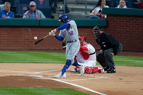 PHILADELPHIA, PA – APRIL 05: Francisco Lindor #12 of the New York Mets fouls off a pitch in the top of the first inning against the Philadelphia Phillies at Citizens Bank Park on April 5, 2021 in Philadelphia, Pennsylvania. (Photo by Mitchell Leff/Getty Images)