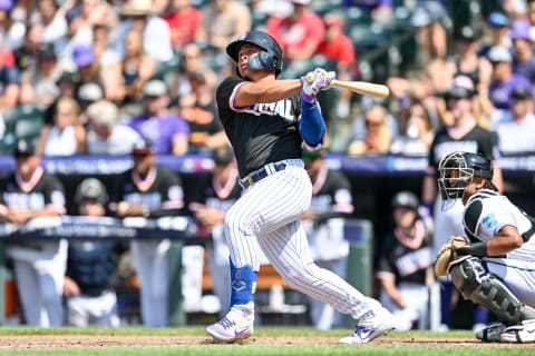 DENVER, CO – JULY 11: Francisco Alvarez #30 of National League Futures Team hits a solo home run against the American League Futures Team at Coors Field on July 11, 2021 in Denver, Colorado. (Photo by Dustin Bradford/Getty Images)