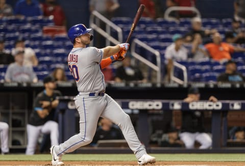 MIAMI, FL – SEPTEMBER 07: Pete Alonso #20 of the New York Mets watches the ball he hit leave the ballpark for a home run in the first inning against the Miami Marlins at loanDepot park on September 7, 2021 in Miami, Florida. (Photo by Bryan Cereijo/Getty Images)