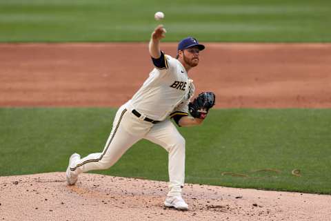 MILWAUKEE, WISCONSIN – JULY 04: Brandon Woodruff #53 of the Milwaukee Brewers pitches during Summer Workouts at Miller Park on July 04, 2020 in Milwaukee, Wisconsin. (Photo by Dylan Buell/Getty Images)