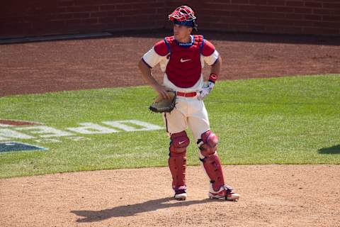 PHILADELPHIA, PA – JULY 26: J.T. Realmuto #10 of the Philadelphia Phillies looks on against the Miami Marlins at Citizens Bank Park on July 26, 2020 in Philadelphia, Pennsylvania. The 2020 season had been postponed since March due to the COVID-19 pandemic. The Marlins defeated the Phillies 11-6. (Photo by Mitchell Leff/Getty Images)