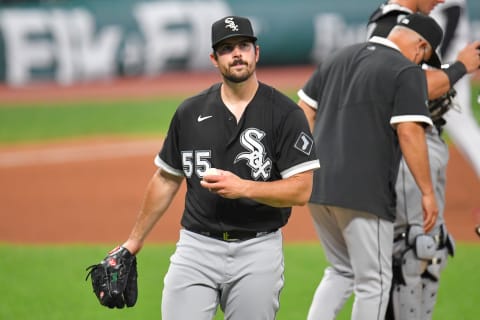 CLEVELAND, OHIO – JULY 28: Starting pitcher Carlos Rodon #55 of the Chicago White Sox leaves the game during the fourth inning of game 2 of a double header against the Cleveland Indians at Progressive Field on July 28, 2020 in Cleveland, Ohio. The Indians defeated the White Sox 5-3 in game 2 of a double header. (Photo by Jason Miller/Getty Images)