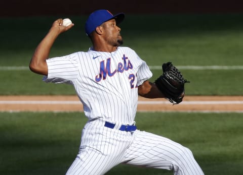 NEW YORK, NEW YORK – JULY 25: Jeurys Familia #27 of the New York Mets in action against the Atlanta Braves at Citi Field on July 25, 2020 in New York City. The 2020 season had been postponed since March due to the COVID-19 pandemic. The Braves defeated the Mets 5-3 in ten innings. (Photo by Jim McIsaac/Getty Images)