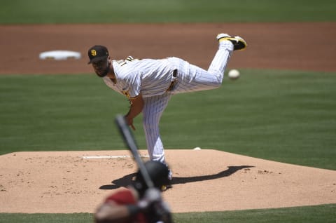 SAN DIEGO, CA – JULY 27: Joey Lucchesi #37 of the San Diego Padres pitches during the first inning of a baseball game against the Arizona Diamondbacks at Petco Park July 27, 2020 in San Diego, California. (Photo by Denis Poroy/Getty Images)