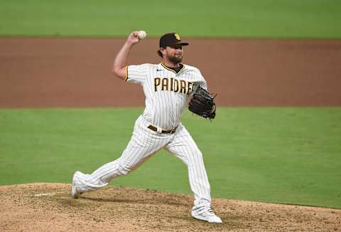 SAN DIEGO, CA – AUGUST 7: Kirby Yates #39 of the San Diego Padres pitches during a baseball game against the Arizona Diamondbacks at Petco Park on August 7, 2020 in San Diego, California. (Photo by Denis Poroy/Getty Images)