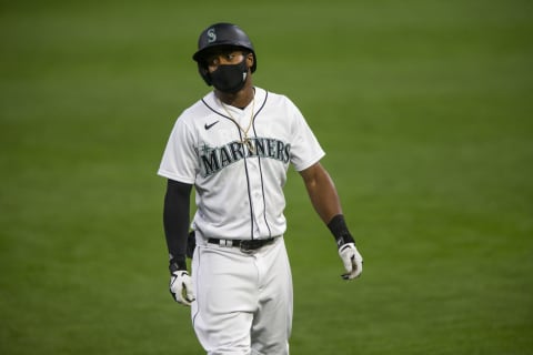 SEATTLE, WA – AUGUST 05: Mallex Smith #0 of the Seattle Mariners reacts after grounding out into a double play during the sixth inning against the Los Angeles Angels at T-Mobile Park on August 5, 2020 in Seattle, Washington. The Mariners beat the Angels 7-6. (Photo by Lindsey Wasson/Getty Images)