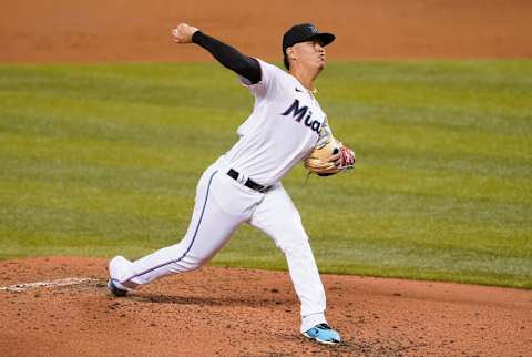 MIAMI, FLORIDA – AUGUST 17: Jordan Yamamoto #50 of the Miami Marlins delivers a pitch against the New York Mets at Marlins Park on August 17, 2020 in Miami, Florida. (Photo by Mark Brown/Getty Images)