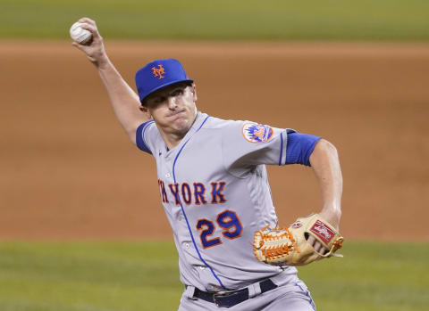 MIAMI, FLORIDA – AUGUST 17: Brad Brach #29 of the New York Mets delivers a pitch against the Miami Marlins at Marlins Park on August 17, 2020 in Miami, Florida. (Photo by Mark Brown/Getty Images)