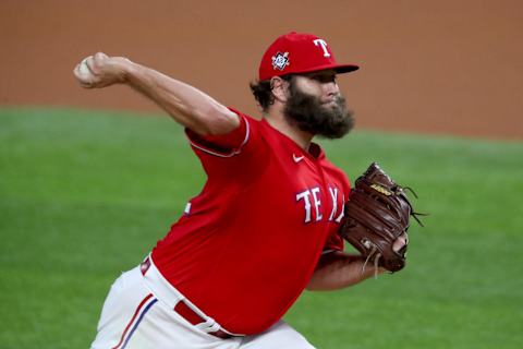 ARLINGTON, TEXAS – AUGUST 29: Lance Lynn #42 of the Texas Rangers pitches against the Los Angeles Dodgers in the top of the first inning at Globe Life Field on August 29, 2020 in Arlington, Texas. All players are wearing #42 in honor of Jackie Robinson Day. The day honoring Jackie Robinson, traditionally held on April 15, was rescheduled due to the COVID-19 pandemic.” (Photo by Tom Pennington/Getty Images)