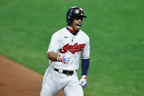 CLEVELAND, OH – AUGUST 25: Francisco Lindor #12 of the Cleveland Indians celebrates after hitting a two run home run off relief pitcher Jorge Alcala #66 of the Minnesota Twins during the sixth inning at Progressive Field on August 25, 2020 in Cleveland, Ohio. (Photo by Ron Schwane/Getty Images)