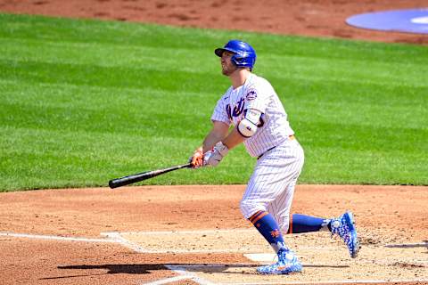 NEW YORK, NEW YORK – SEPTEMBER 06: Pete Alonso #20 of the New York Mets hits a solo home run against the Philadelphia Phillies during the second inning at Citi Field on September 06, 2020 in New York City. (Photo by Steven Ryan/Getty Images)