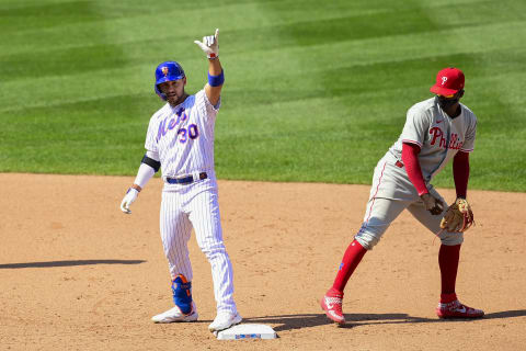 NEW YORK, NEW YORK – SEPTEMBER 06: Michael Conforto #30 of the New York Mets celebrates after hitting a double against the Philadelphia Phillies during the fifth inning at Citi Field on September 06, 2020 in New York City. (Photo by Steven Ryan/Getty Images)