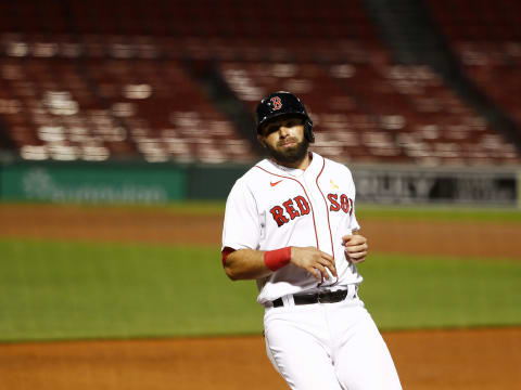 BOSTON, MASSACHUSETTS – SEPTEMBER 05: Jose Peraza #3 of the Boston Red Sox enters the game as a pinch-runner for J.D. Martinez #28 of the Boston Red Sox in the bottom of the ninth inning of the game against the Toronto Blue Jays at Fenway Park on September 05, 2020 in Boston, Massachusetts. (Photo by Omar Rawlings/Getty Images)