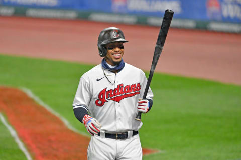 CLEVELAND, OHIO – SEPTEMBER 05: Francisco Lindor #12 of the Cleveland Indians jokes with a teammate while in the on-deck circle during the fifth inning against the Milwaukee Brewers at Progressive Field on September 05, 2020 in Cleveland, Ohio. (Photo by Jason Miller/Getty Images)