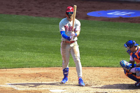 NEW YORK, NEW YORK – SEPTEMBER 06: Bryce Harper #3 of the Philadelphia Phillies prepares for his at bat against the New York Mets at Citi Field on September 06, 2020 in New York City. (Photo by Steven Ryan/Getty Images)